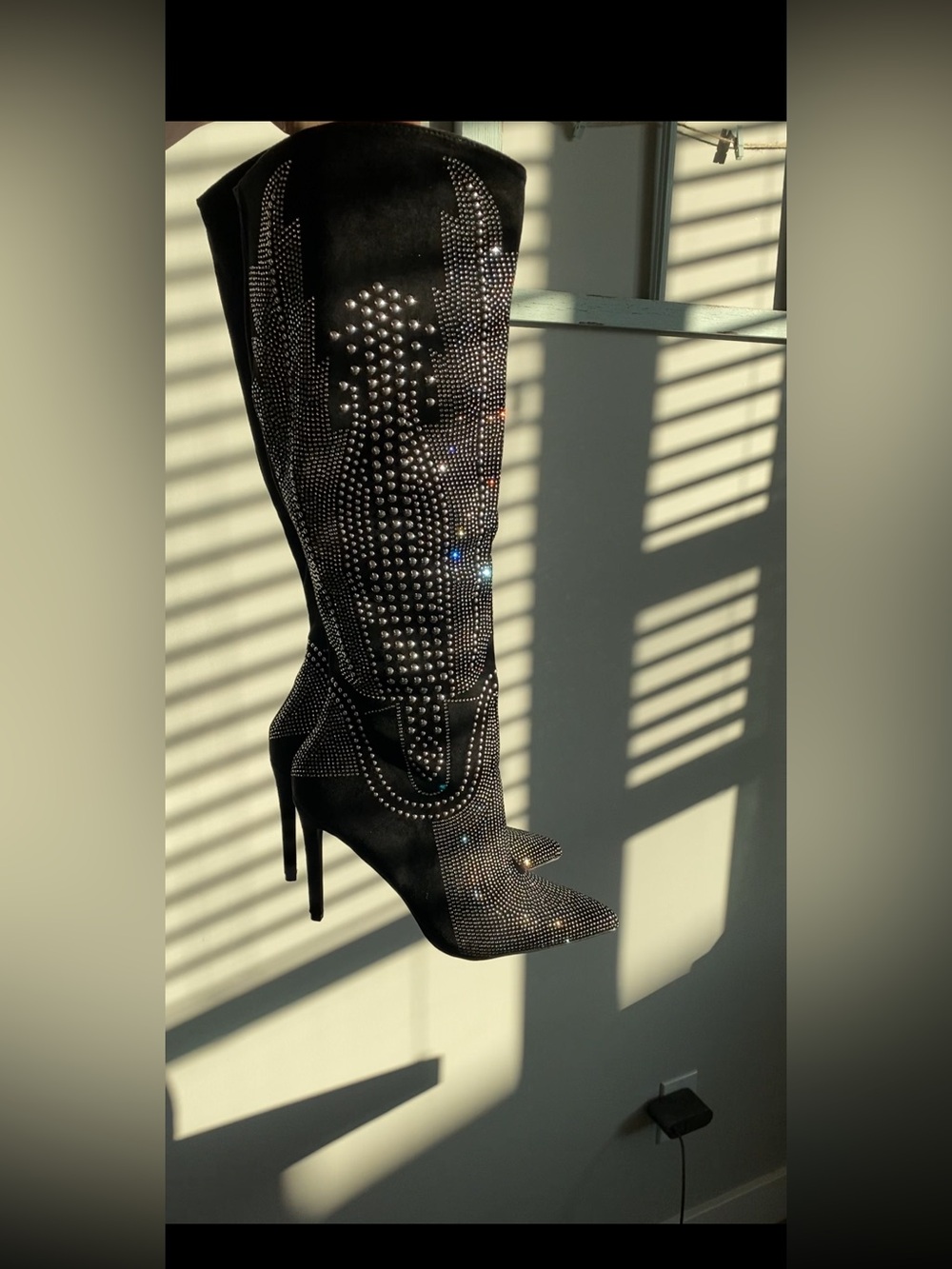 Black Crystal-Embellished Stiletto Knee Boots - Women's